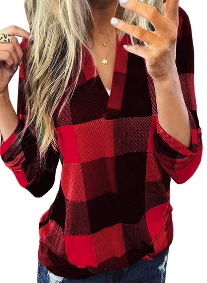 Dokotoo Womens Basic Casual V Neck Plaid Print Cotton Cuffed Long Sleeve Work Tops Blouses Shirts S-3XL