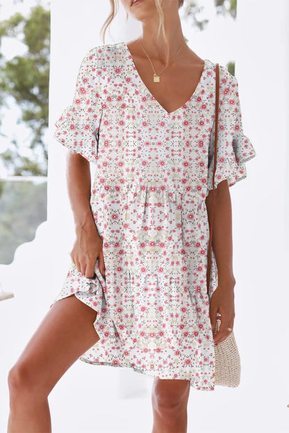 nclook Women's Summer Casual Dress Sweet & Cute V-Neck Mini Dress with Pocket Short Sleevele Ruffle Dress