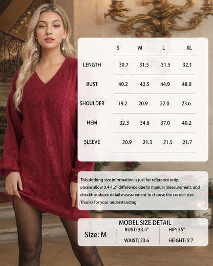 Women's Pullovers Jumper Sweaters Lantern Sleeve Casual V Neck Fall Knit Mini Sweater Dresses