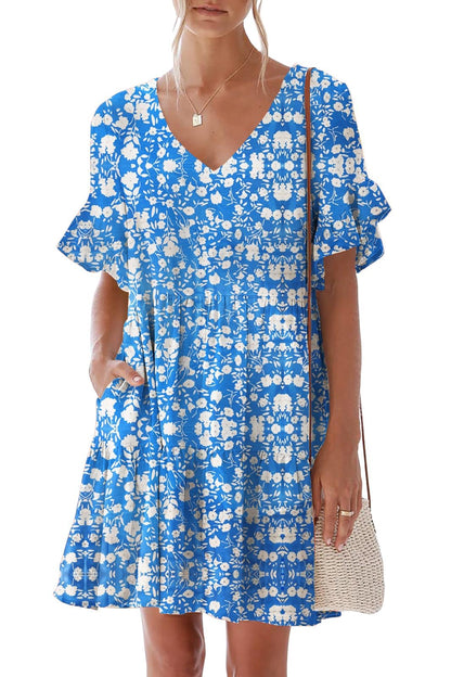 nclook Women's Summer Casual Dress Sweet & Cute V-Neck Mini Dress with Pocket Short Sleevele Ruffle Dress
