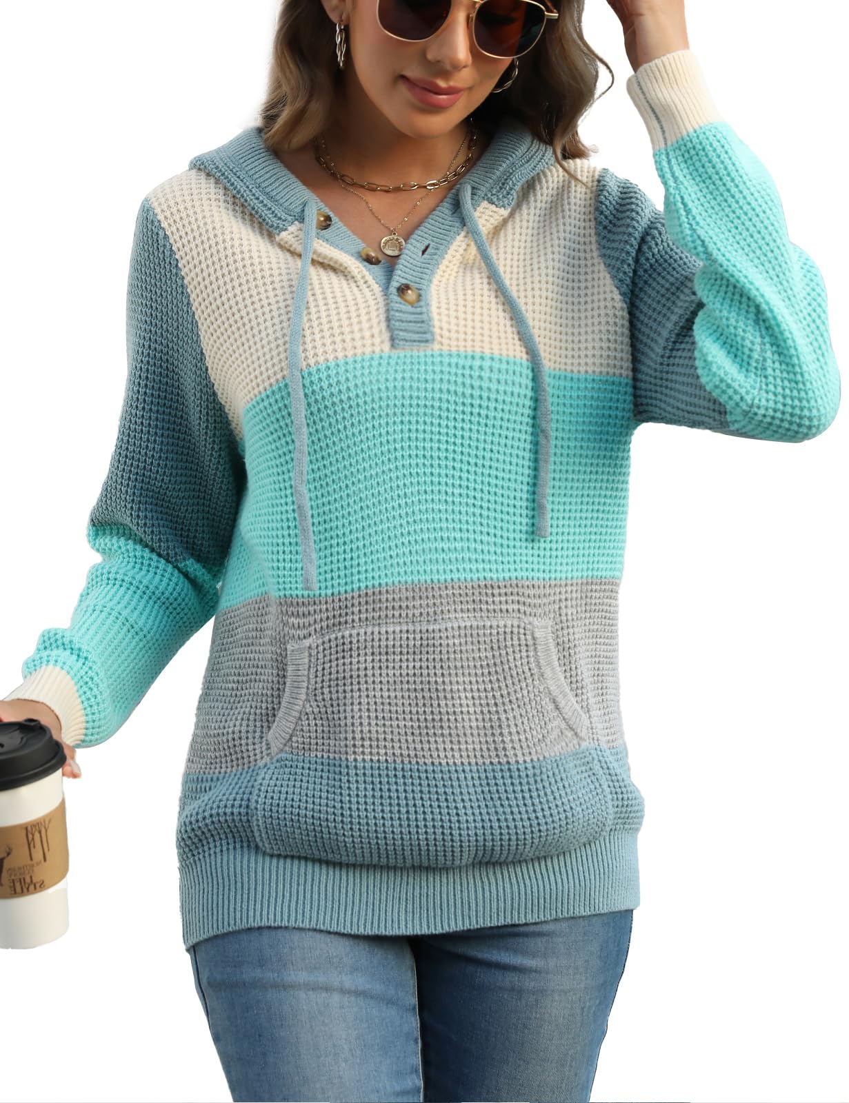 CiCiBird Women Fall Hoodies Sweater Knit V Neck Tops Oversized Fashion Pullover Casual Long Sleeve Shirts with Pockets