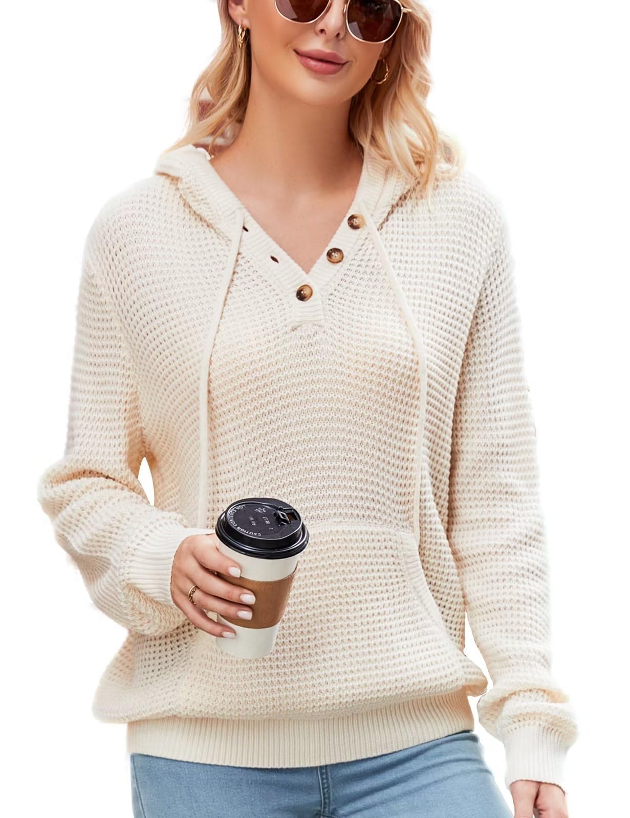 CiCiBird Women Fall Hoodies Sweater Knit V Neck Tops Oversized Fashion Pullover Casual Long Sleeve Shirts with Pockets