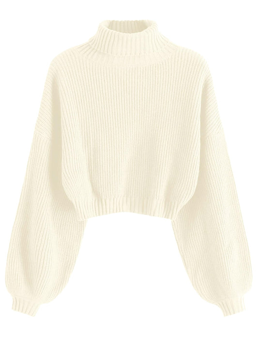 ZAFUL Women's Cropped Turtleneck Sweater Lantern Sleeve Ribbed Knit Pullover Sweater Jumper