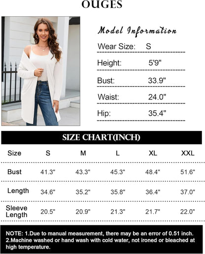 OUGES Women's Open Front Cardigan Shirt with Pockets Long Sleeve Lightweight Coat