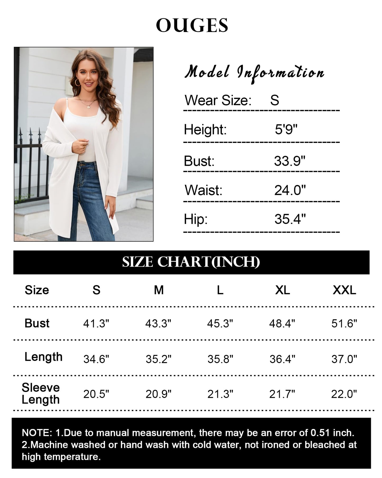 OUGES Women's Open Front Cardigan Shirt with Pockets Long Sleeve Lightweight Coat