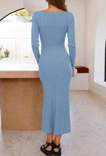 MEROKEETY Women's 2024 Long Sleeve Bodycon Sweater Dress Fall Crew Neck Ribbed Knit Maxi Dresses