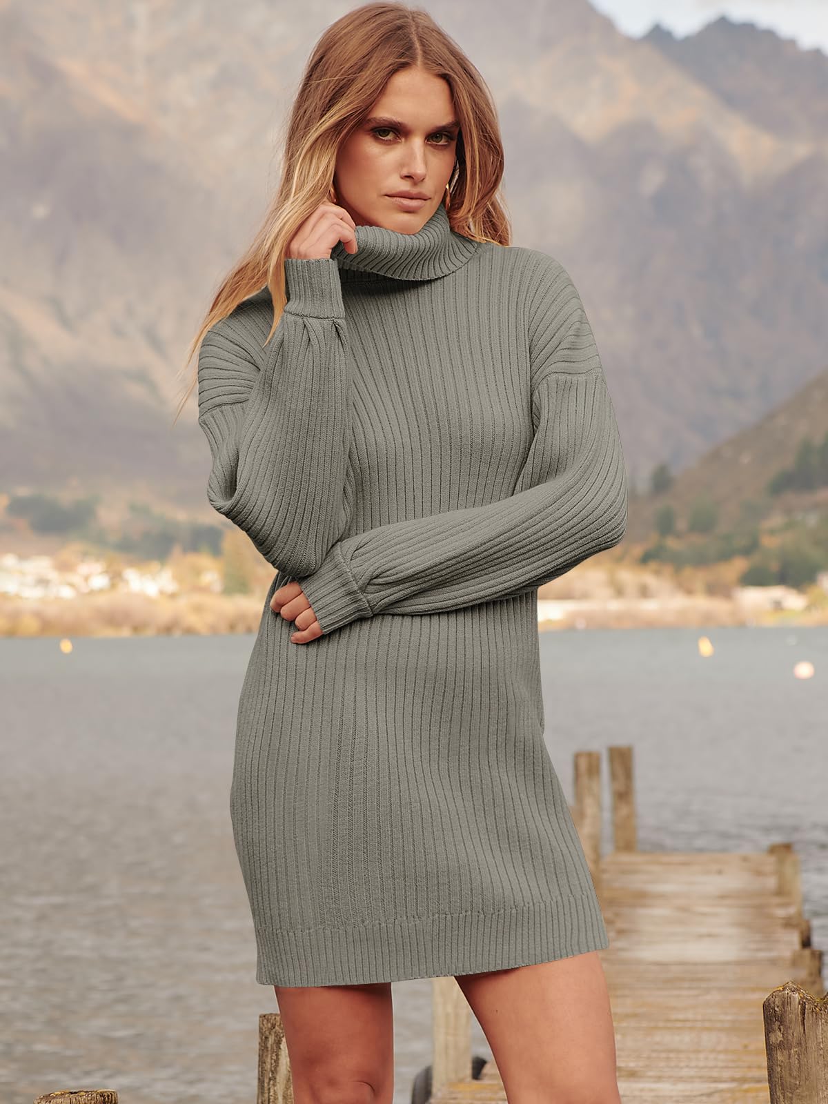 ANRABESS Women Oversized Sweater Dress Turtleneck Batwing Long Sleeve Ribbed Knit Loose 2024 Fall Winter Casual Short Dress
