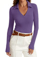 Womens Long Sleeve V Neck Polo Shirts Business Casual Collared Work Top Slim Fitted Basic 2024 Fall Shirt