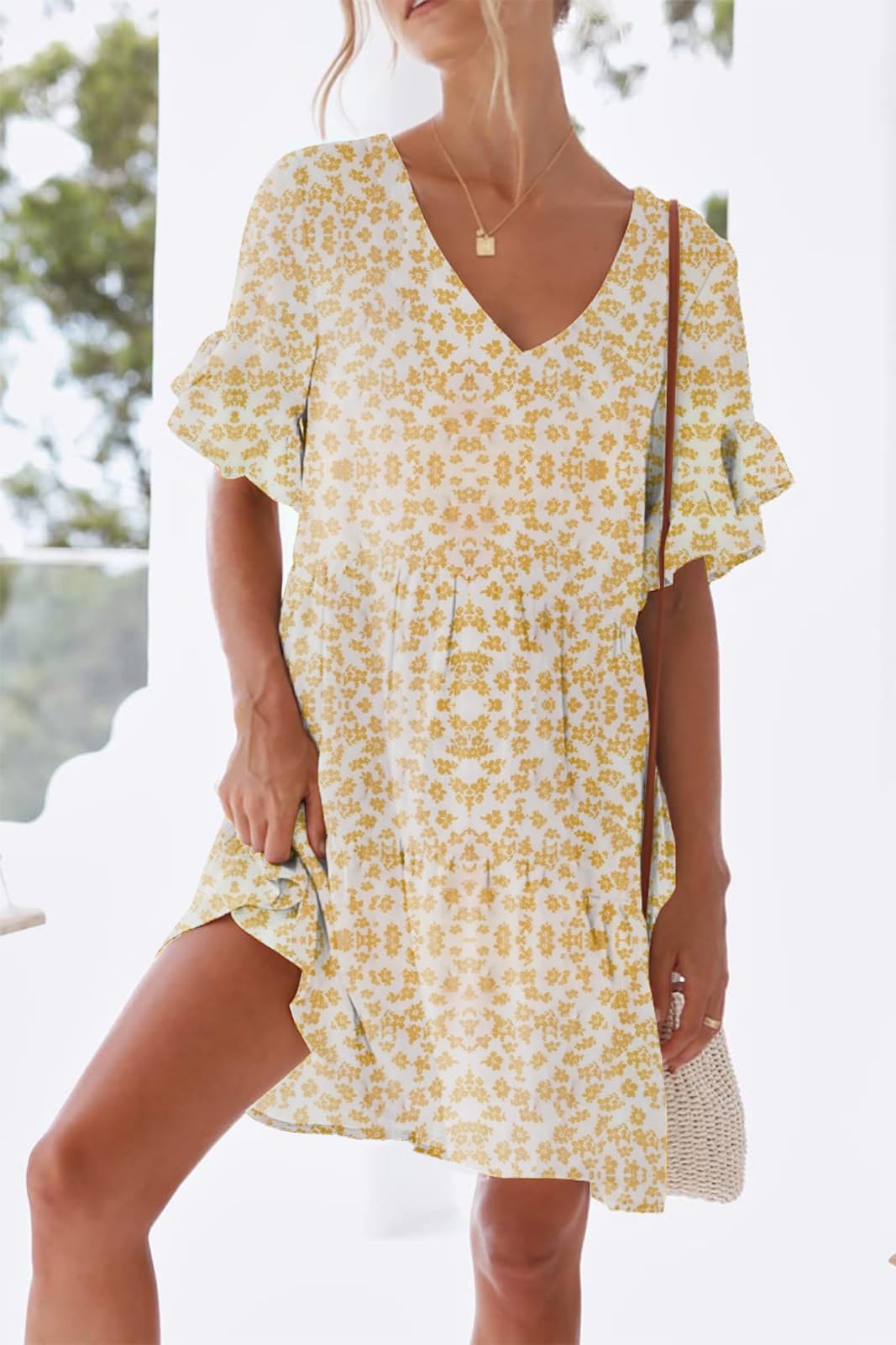 nclook Women's Summer Casual Dress Sweet & Cute V-Neck Mini Dress with Pocket Short Sleevele Ruffle Dress