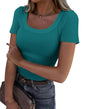 Roselux Women's Summer Scoop Neck Short Sleeve T-Shirts Ribbed Knit Slim Fitted Casual Basic Top