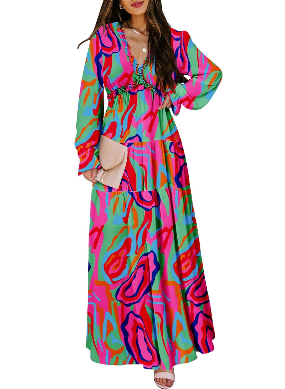 BLENCOT Womens Casual Boho Deep V Neck Short Sleeve Long Dress