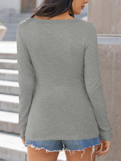 Kissfix Womens Long Sleeve Shirts Going Out Fall Clothes Casual Henley Tops Ribbed Knit Blouses Fashion Trendy Outfits