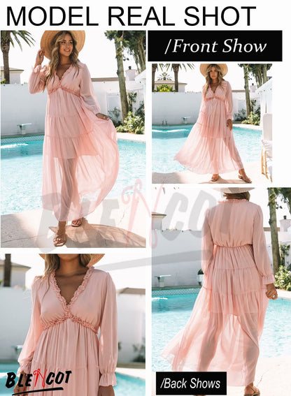 BLENCOT Womens Casual Boho Deep V Neck Short Sleeve Long Dress