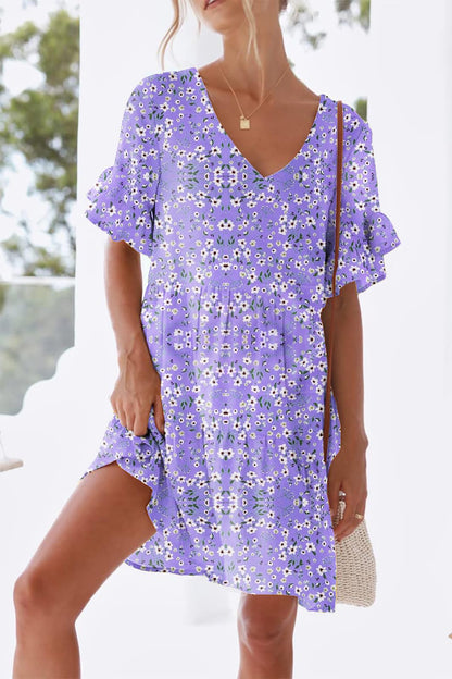nclook Women's Summer Casual Dress Sweet & Cute V-Neck Mini Dress with Pocket Short Sleevele Ruffle Dress