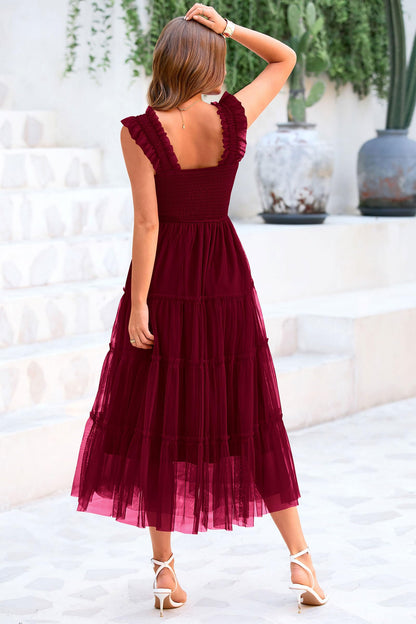 PRETTYGARDEN Women's 2024 Summer Midi Dress Casual Sleeveless Smocked Ruffle Tulle Flowy Party Wedding Guest Sundress