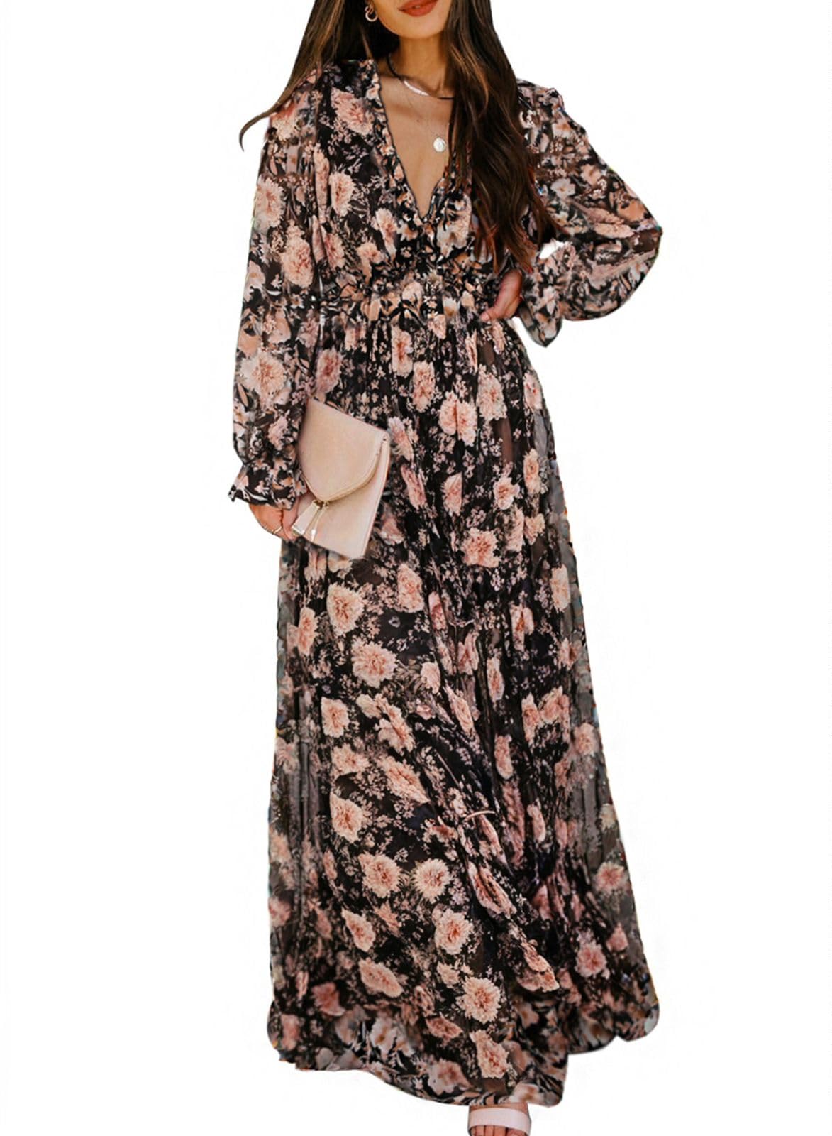 BLENCOT Womens Casual Boho Deep V Neck Short Sleeve Long Dress