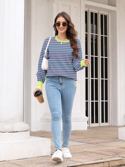 ETCYY Womens Oversized Sweaters Fall 2024 Fashion Clothes Trendy Batwing Sleeve Colorblock Striped Knit Pullover Sweater Tops
