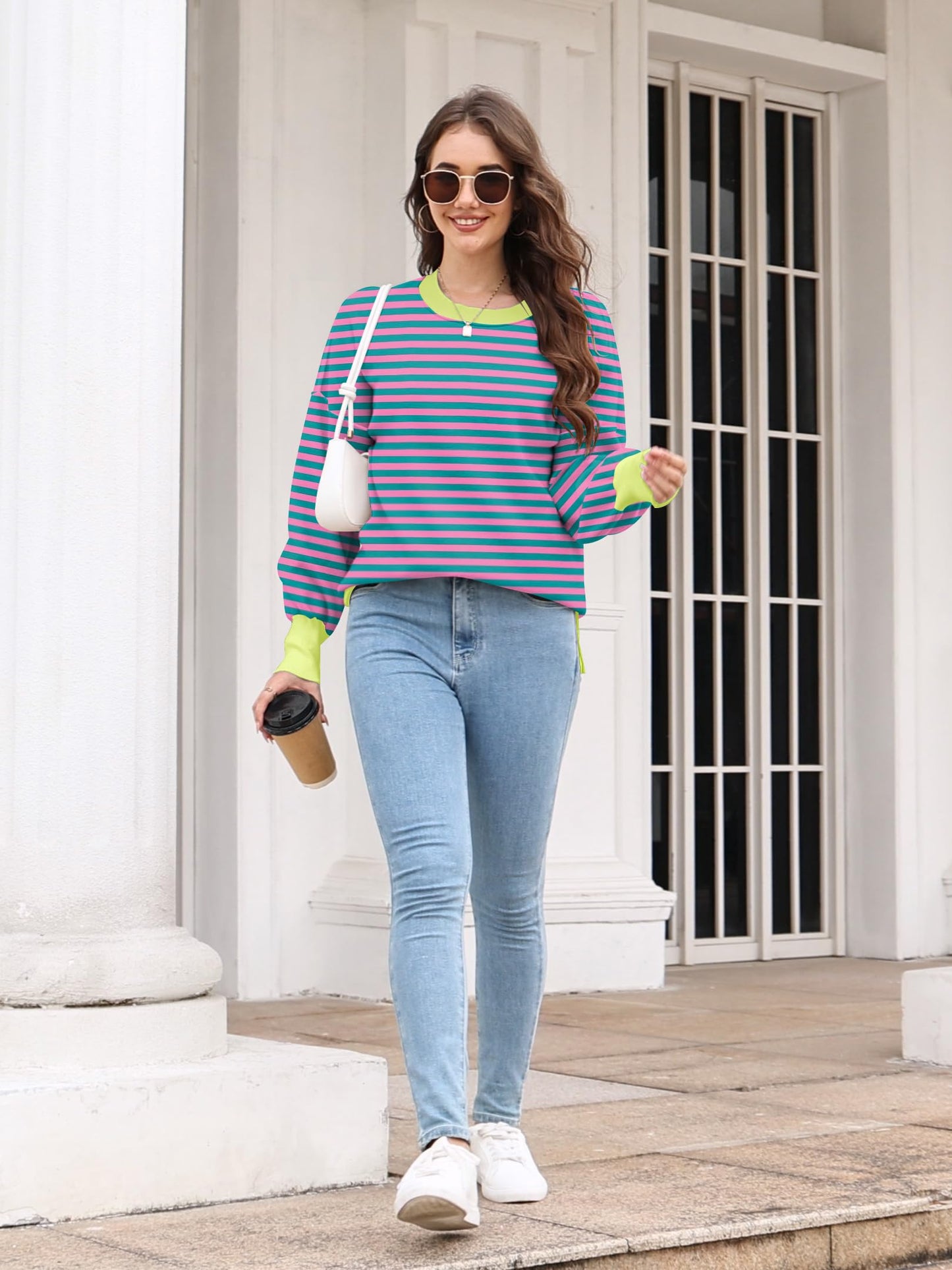 ETCYY Womens Oversized Sweaters Fall 2024 Fashion Clothes Trendy Batwing Sleeve Colorblock Striped Knit Pullover Sweater Tops