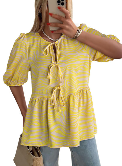 Dokotoo Womens Tops Casual Crewneck Babydoll Peplum Puff Sleeve Shirts Bow Tie Front Boho Summer Blouses