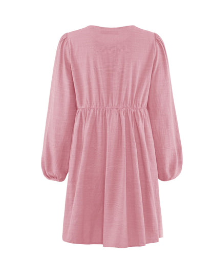 ZESICA Women's Dress Fall Long Puff Sleeve Self Tie Front Babydoll A Line Pleated Cute Mini Tunic Dresses 2025