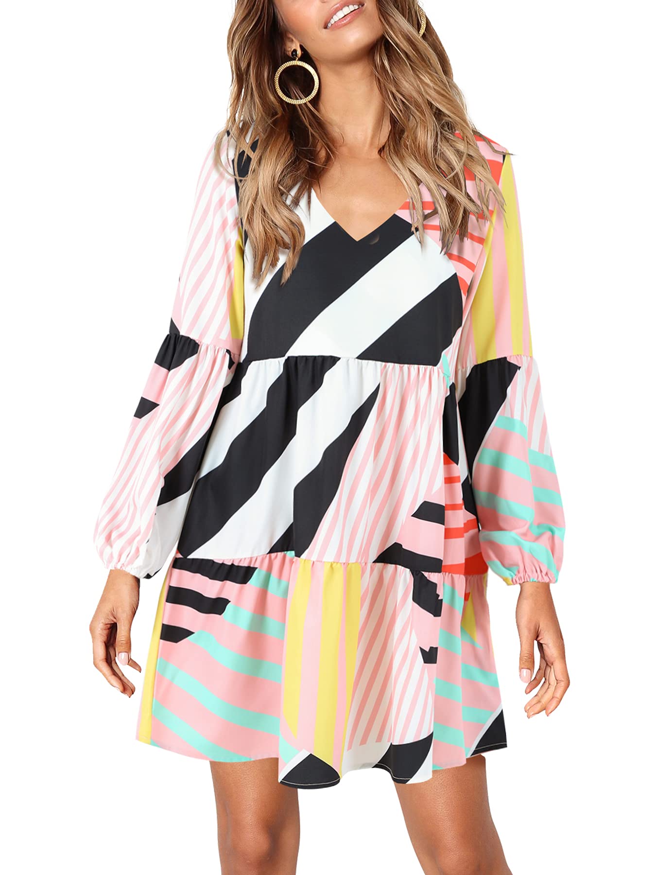 Amoretu Women Summer Tunic Dress V Neck Casual Loose Flowy Swing Shift Dress