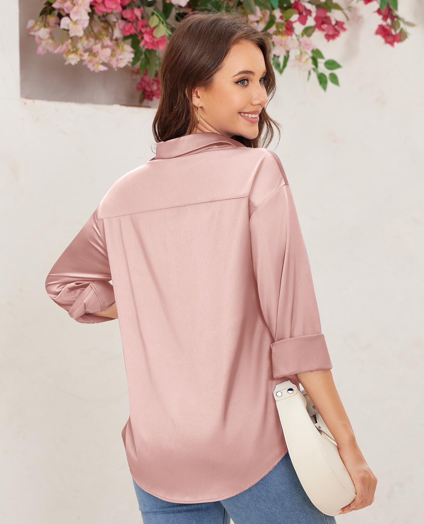 siliteelon Satin Blouses for Women Silk Button Down Shirts Casual Long Sleeve Shirt Business Office Work Tunic Tops
