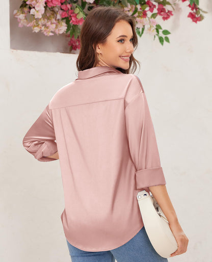 siliteelon Satin Blouses for Women Silk Button Down Shirts Casual Long Sleeve Shirt Business Office Work Tunic Tops