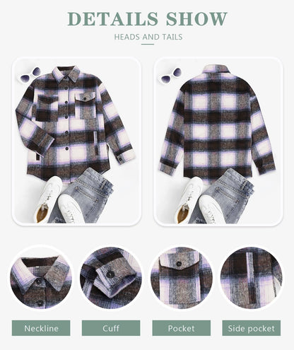 Beaully Women's Flannel Plaid Shacket Long Sleeve Button Down Shirts Jacket Coats with Side Pockets
