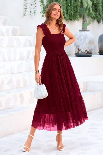 PRETTYGARDEN Women's 2024 Summer Midi Dress Casual Sleeveless Smocked Ruffle Tulle Flowy Party Wedding Guest Sundress