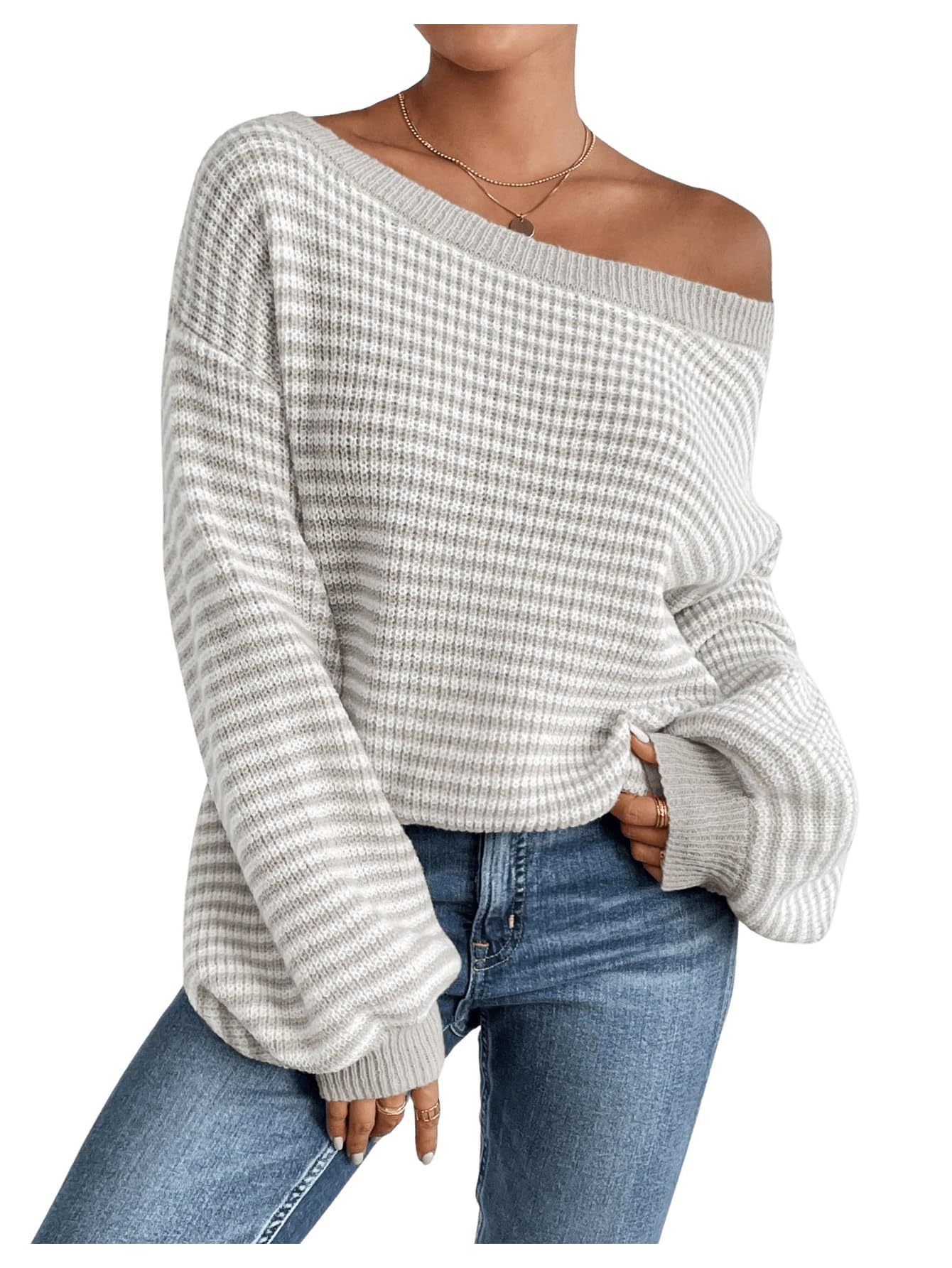SOLY HUX Women's Off The Shoulder Striped Sweaters Oversized Long Sleeve Knit Pullover Tops