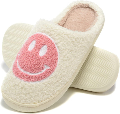 Retro Fuzzy Face Slippers for Women Men, Retro Soft Fluffy Warm Home Non-Slip Couple Style Casual Smile Face Slippers Indoor Outdoor Anti-Skid Warm Cozy Foam Slide Fuzzy Slides with Soft Memory Foam Shoes