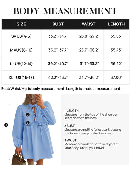 ZESICA Women's Dress Fall Long Puff Sleeve Self Tie Front Babydoll A Line Pleated Cute Mini Tunic Dresses 2025