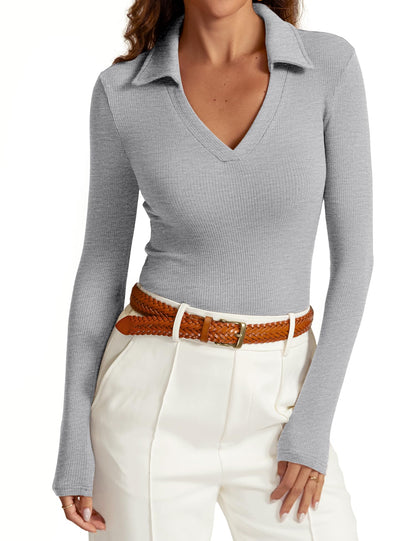 Womens Long Sleeve V Neck Polo Shirts Business Casual Collared Work Top Slim Fitted Basic 2024 Fall Shirt