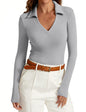 Womens Long Sleeve V Neck Polo Shirts Business Casual Collared Work Top Slim Fitted Basic 2024 Fall Shirt