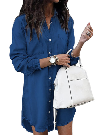 Zilcremo Women Denim Shirt Dresses Long Sleeve Distressed Jean Dress Button Down Casual Tunic Top