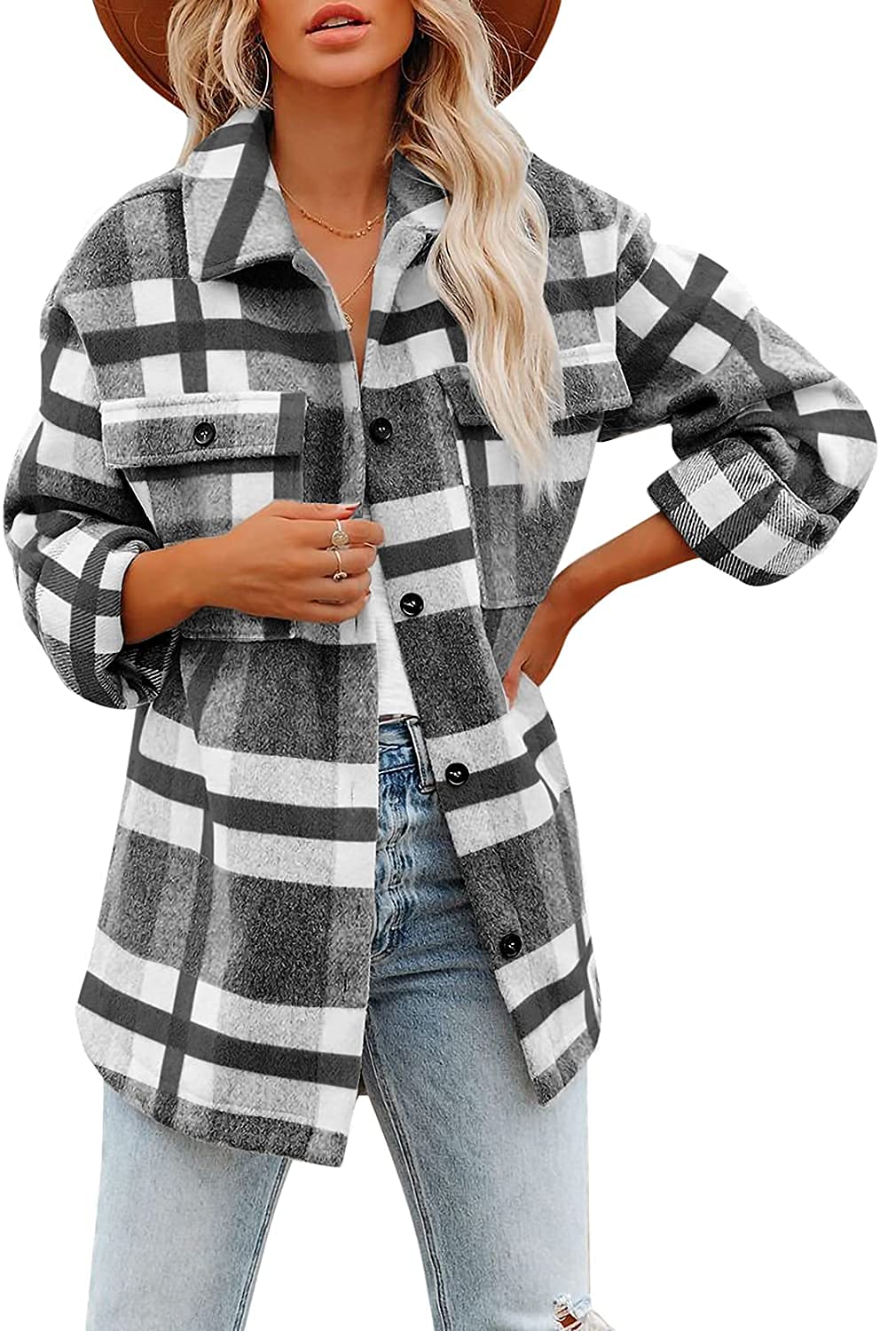 Beaully Women's Flannel Plaid Shacket Long Sleeve Button Down Shirts Jacket Coats with Side Pockets