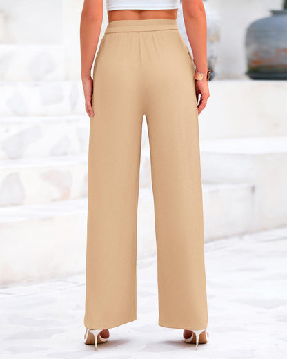 BTFBM Women's Casual Wide Leg Pants Summer Fall Clothes Pleated Elastic Waist Loose Palazzo Knit Trousers with Pockets