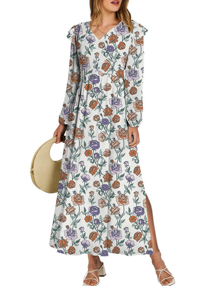 BLENCOT Womens Casual Boho Deep V Neck Short Sleeve Long Dress