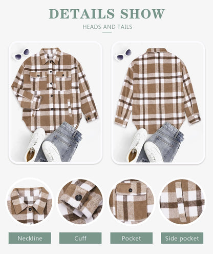 Beaully Women's Flannel Plaid Shacket Long Sleeve Button Down Shirts Jacket Coats with Side Pockets