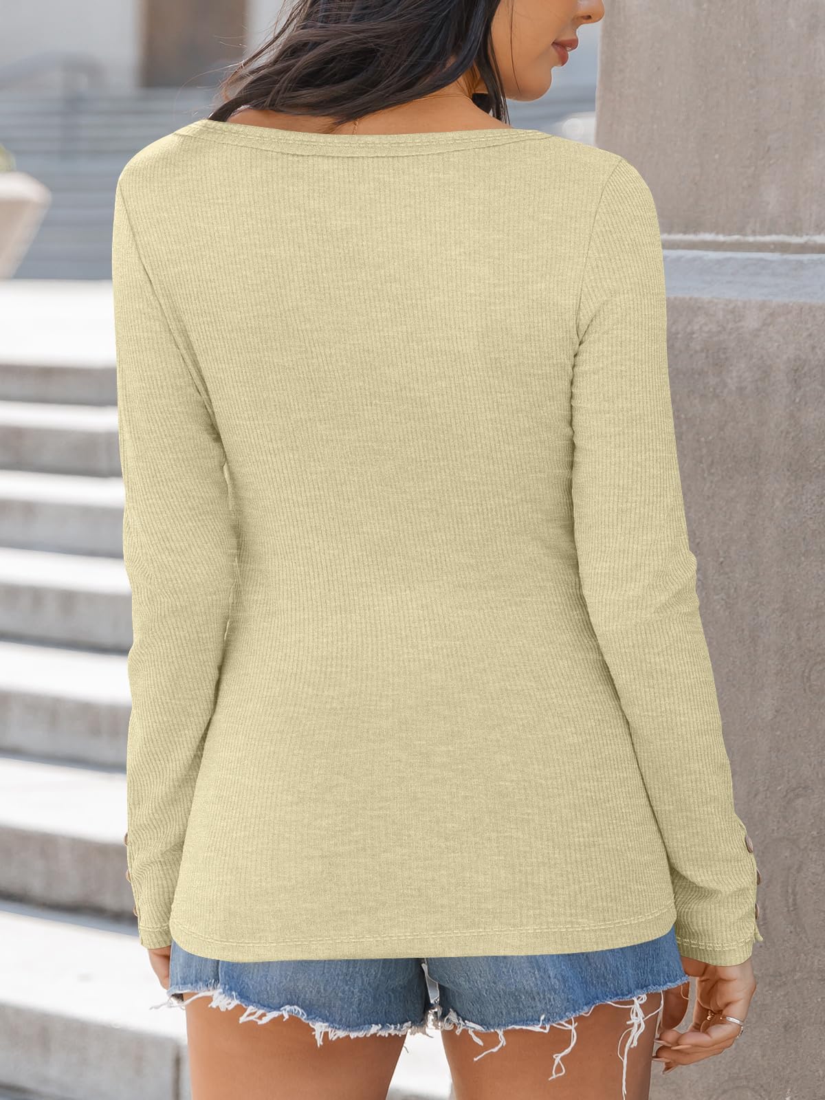 Kissfix Womens Long Sleeve Shirts Going Out Fall Clothes Casual Henley Tops Ribbed Knit Blouses Fashion Trendy Outfits