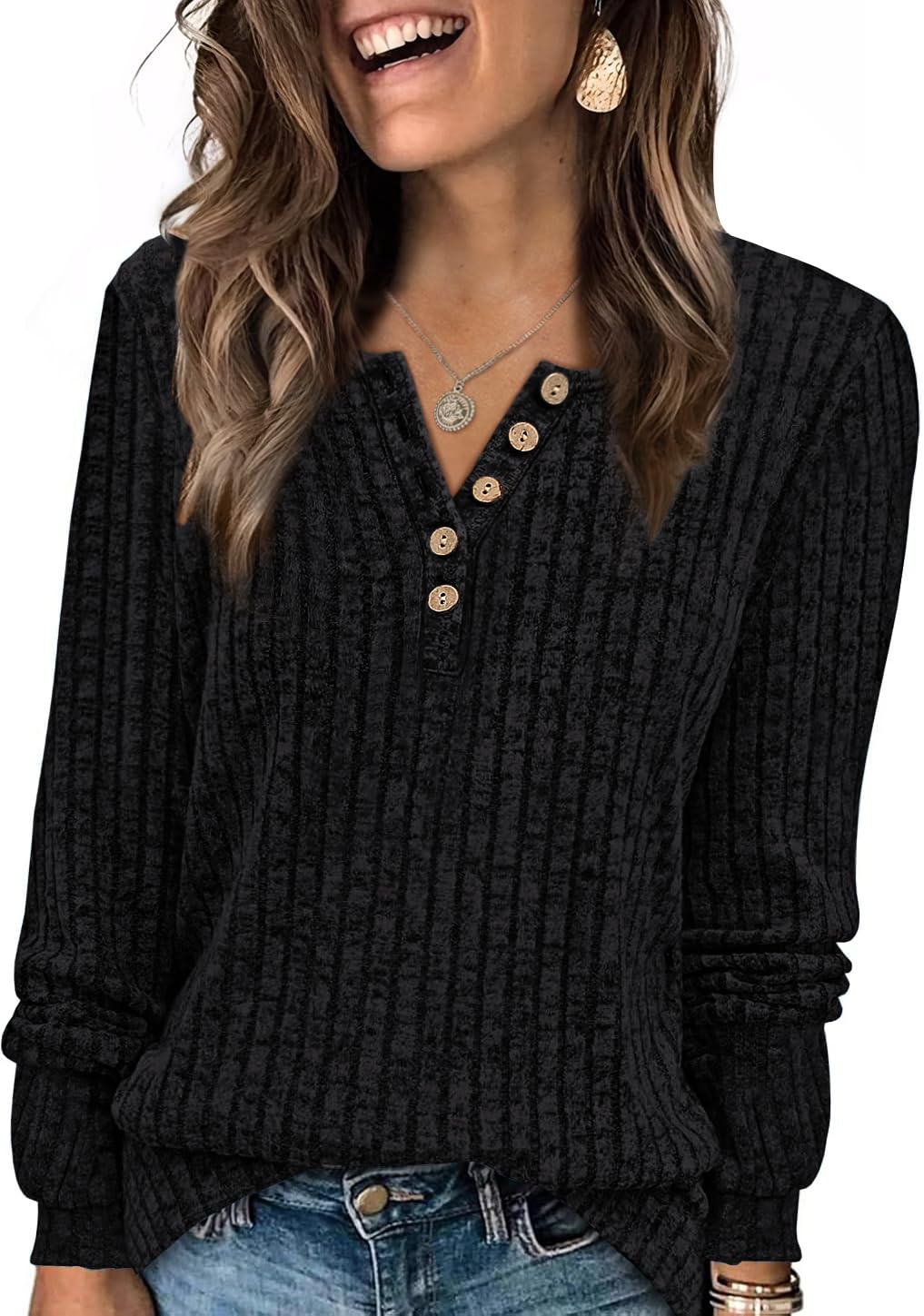 XIEERDUO Sweater for Women Long Sleeve Henley Shirts Tunic Tops to Wear with Leggings crew neck Sweaters Trendy 2024