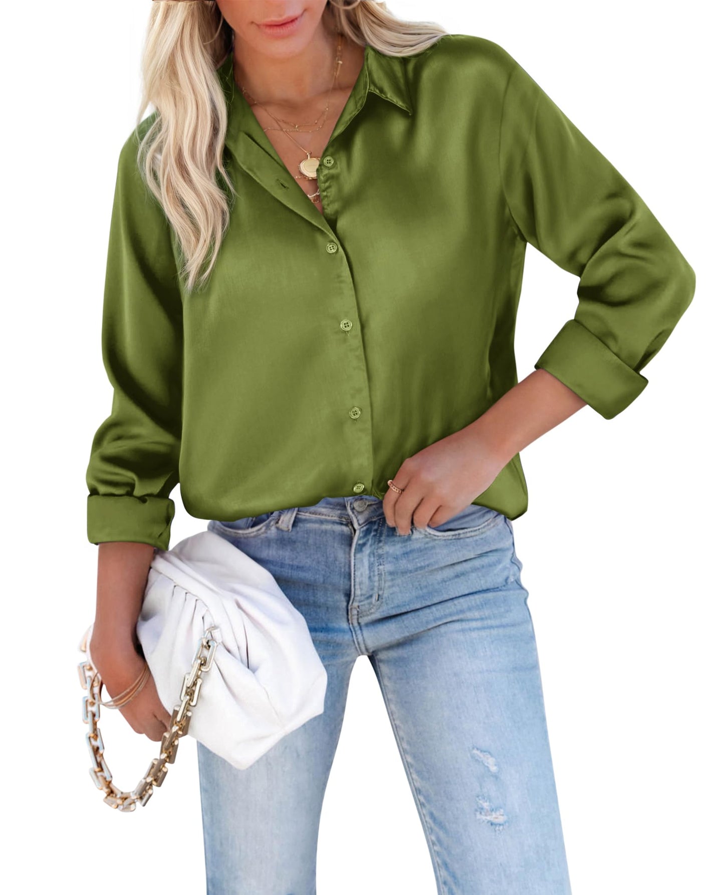 siliteelon Satin Blouses for Women Silk Button Down Shirts Casual Long Sleeve Shirt Business Office Work Tunic Tops