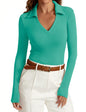 Womens Long Sleeve V Neck Polo Shirts Business Casual Collared Work Top Slim Fitted Basic 2024 Fall Shirt