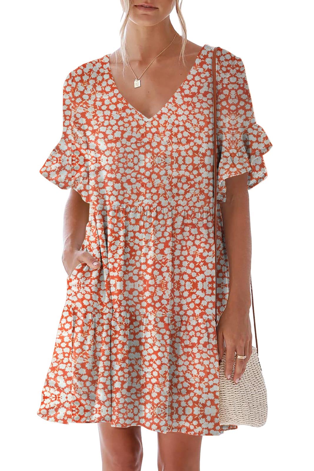 nclook Women's Summer Casual Dress Sweet & Cute V-Neck Mini Dress with Pocket Short Sleevele Ruffle Dress