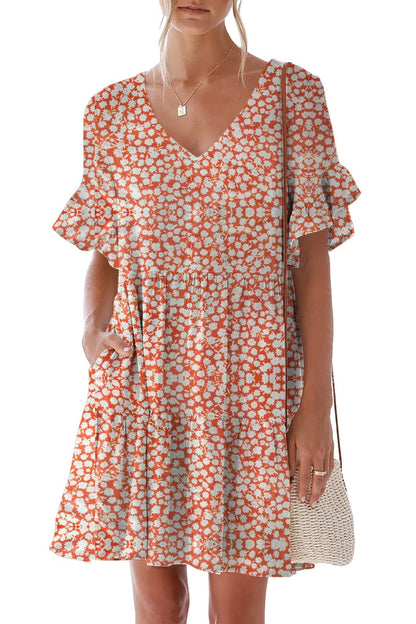 nclook Women's Summer Casual Dress Sweet & Cute V-Neck Mini Dress with Pocket Short Sleevele Ruffle Dress