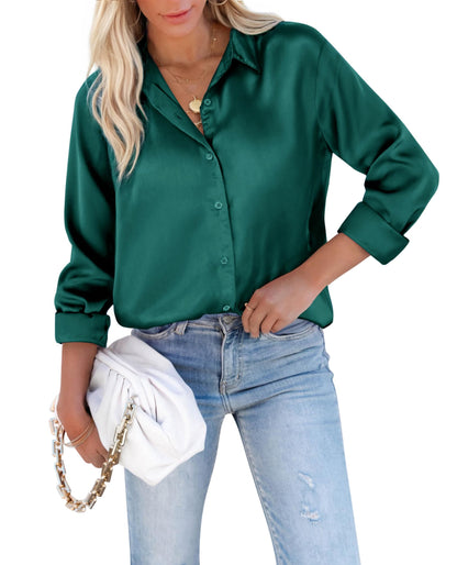 siliteelon Satin Blouses for Women Silk Button Down Shirts Casual Long Sleeve Shirt Business Office Work Tunic Tops