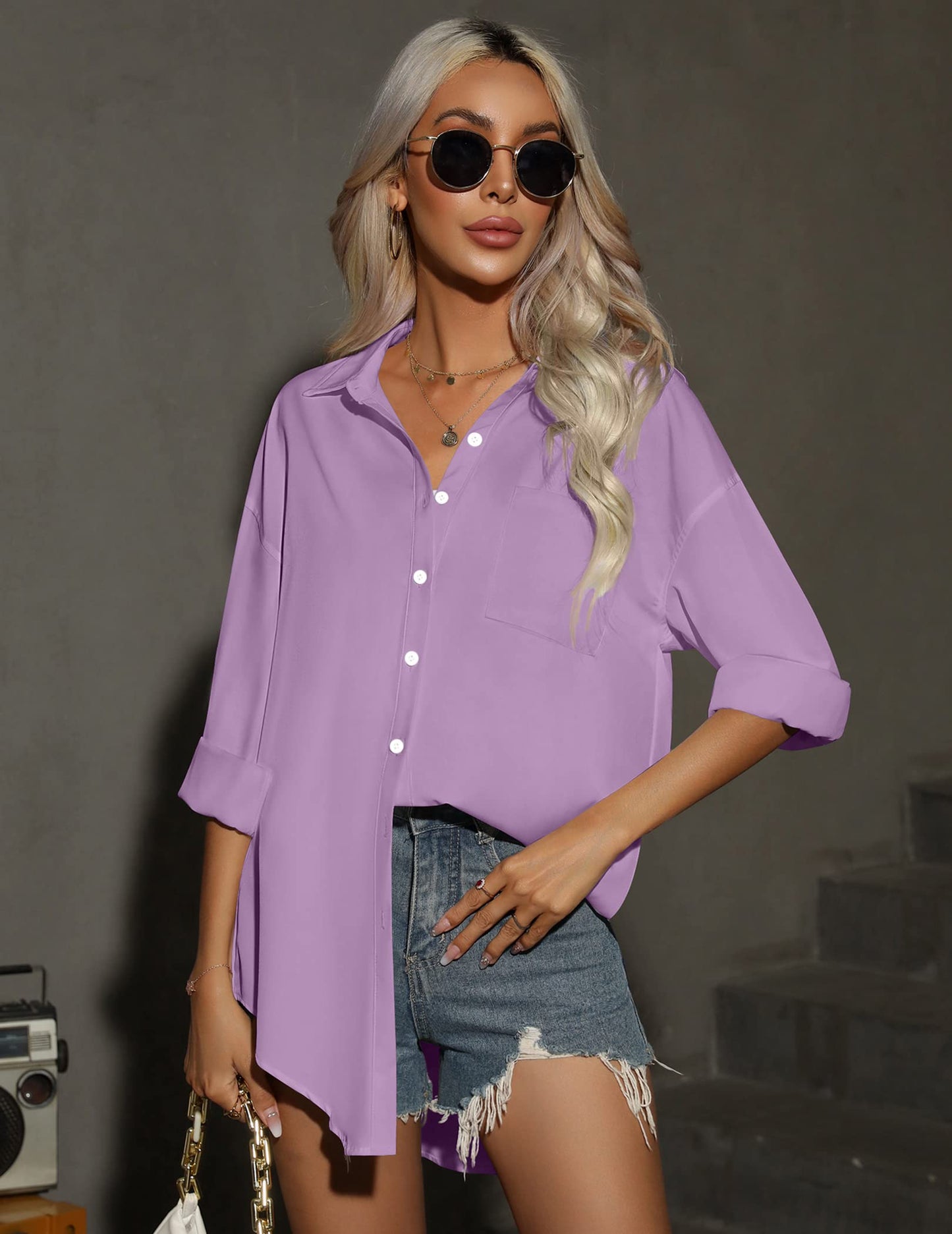 HOTOUCH Women Oversized Button Down Shirts Office Drop Shoulder Blouse Long Sleeve Boyfriend Dress Shirt with Pockets