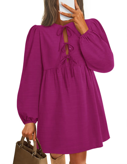 ZESICA Women's Dress Fall Long Puff Sleeve Self Tie Front Babydoll A Line Pleated Cute Mini Tunic Dresses 2025