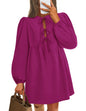 ZESICA Women's Dress Fall Long Puff Sleeve Self Tie Front Babydoll A Line Pleated Cute Mini Tunic Dresses 2025