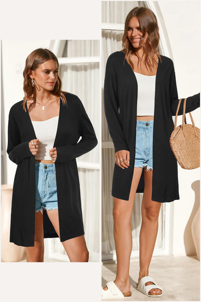 OUGES Women's Open Front Cardigan Shirt with Pockets Long Sleeve Lightweight Coat